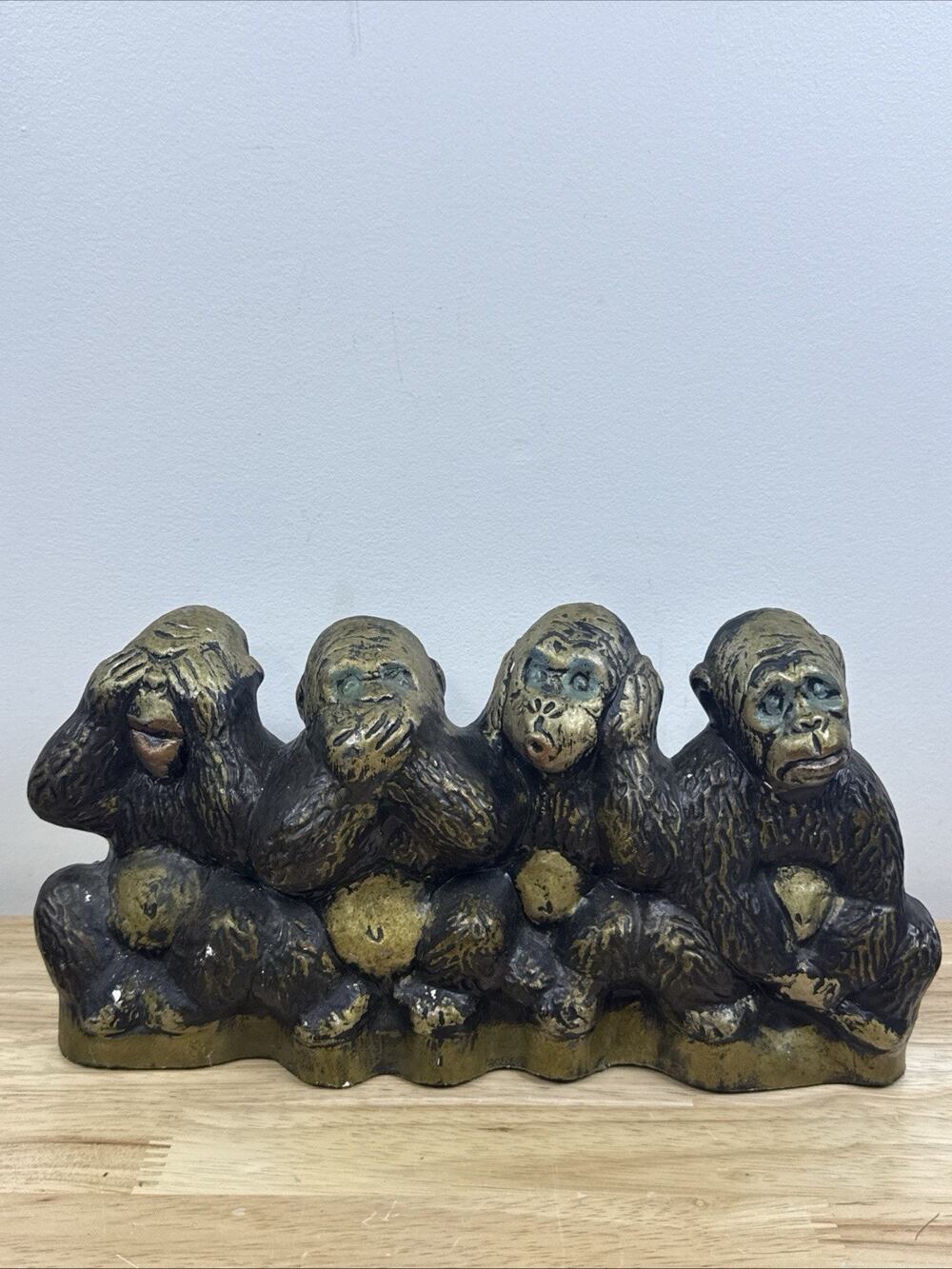 Vintage Four Wise Monkeys Antique Finish Statue See Hear Speak No Evil 11”